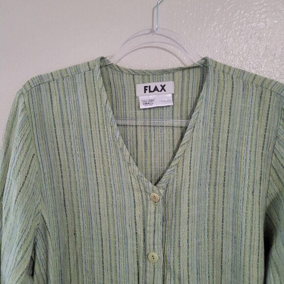 Flax Shirt Womens S Green Striped V-Neck Button Front Lagenlook Shacket Beach - Picture 2 of 11